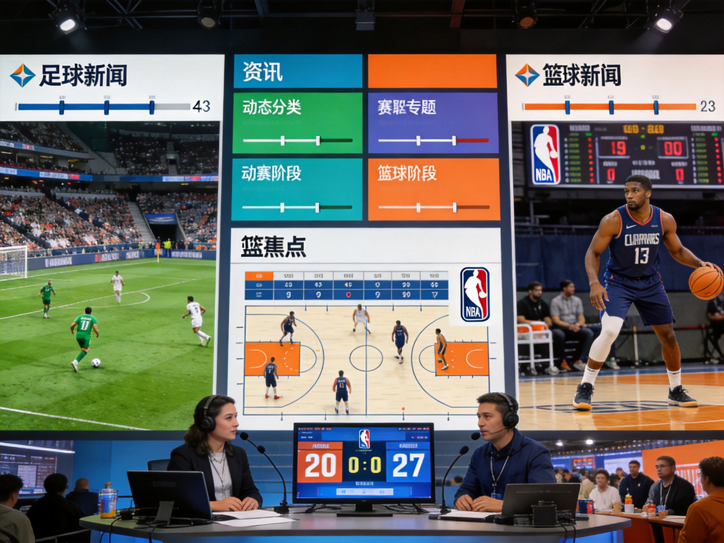 体育资讯模块示意：足球与篮球新闻、动态与专题内容的分类界面